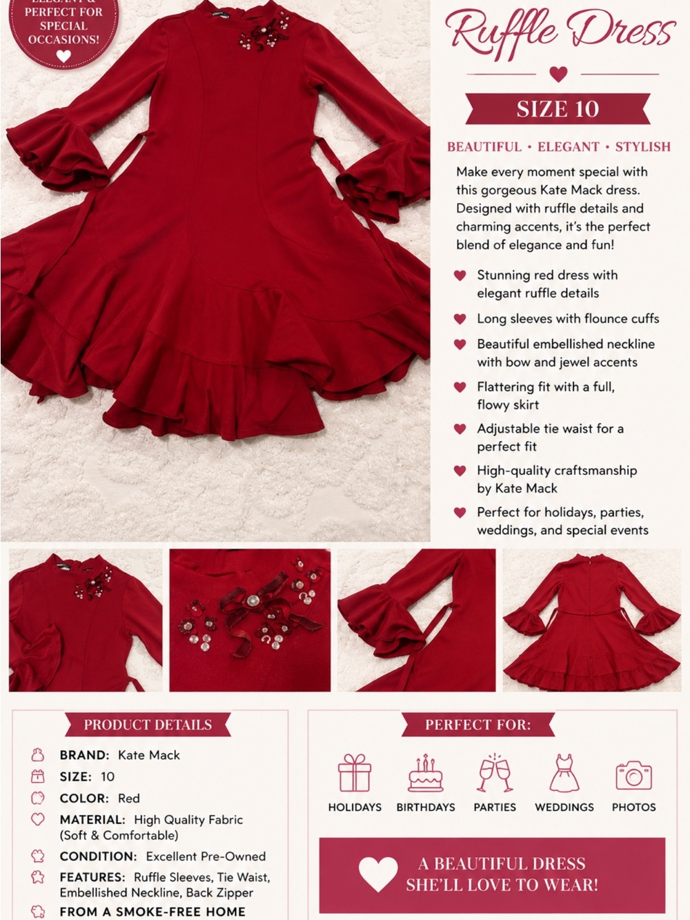 Kate Mack Red Ruffle Dress with Embellished Neckline